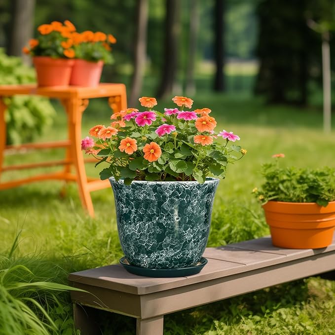 Ceramic Plant Pots - 10 Inch Plant Pot for Indoor Outdoor, Round Planter with Drainage Hole and Tray, Decorative Flower Pots, Modern Planters, Home Patio Garden Decor, Garden Gifts, Green
