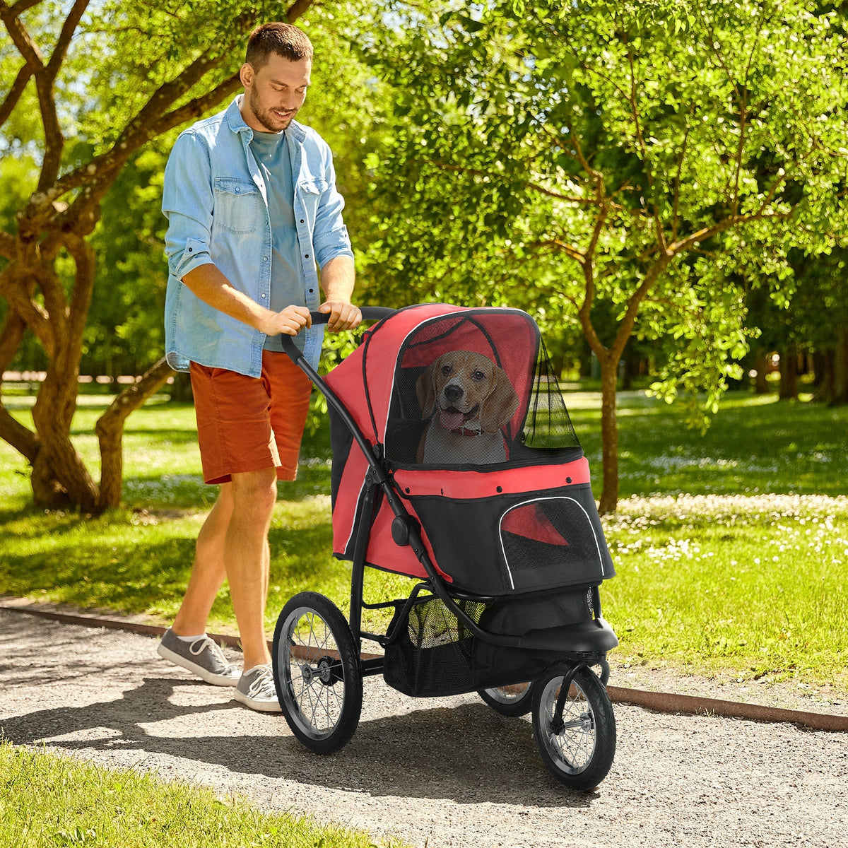 3 Wheels Pet Stroller for Small Dogs and Medium Dogs with Adjustable Canopy, Safety Tether, Storage Basket, Red