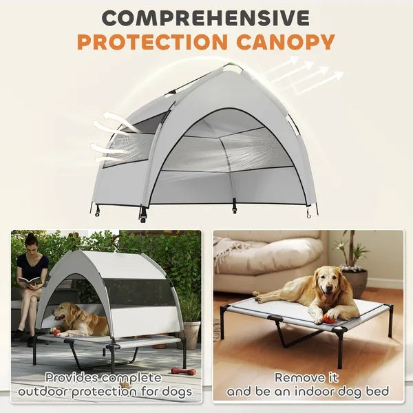 Elevated Dog Bed With Removable Canopy, Portable Outside Raised Pet Cot With Cooling Pad, Storage Bag