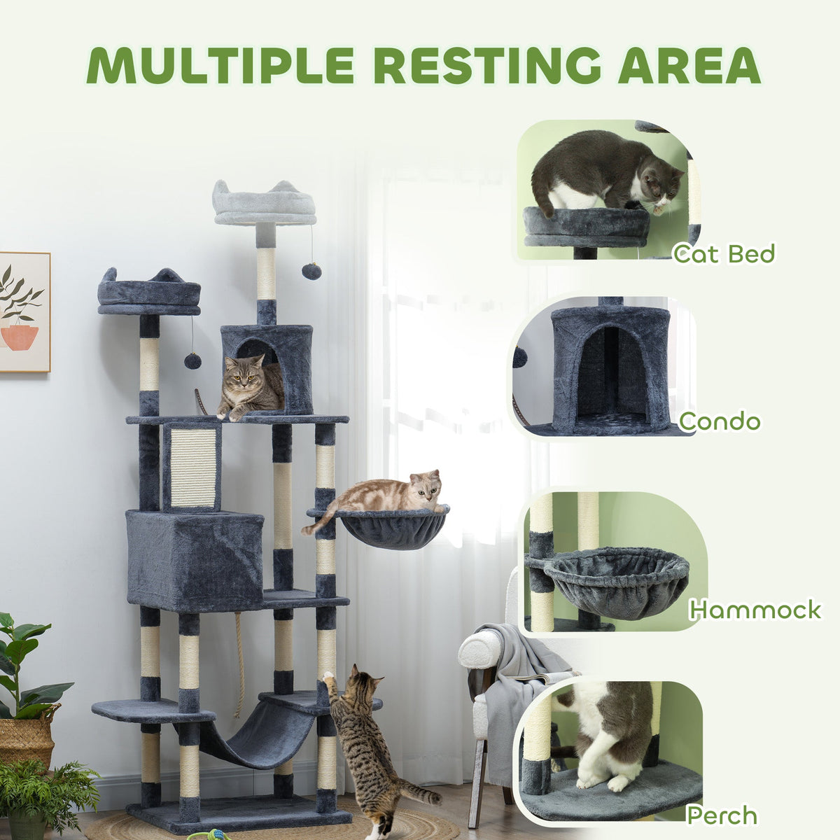 81" Cat Tree w/ Cat Scratching Posts, Scratching Board, Condos, Beds, Hammocks, Toy Balls, Rope Cat Toy, Gray