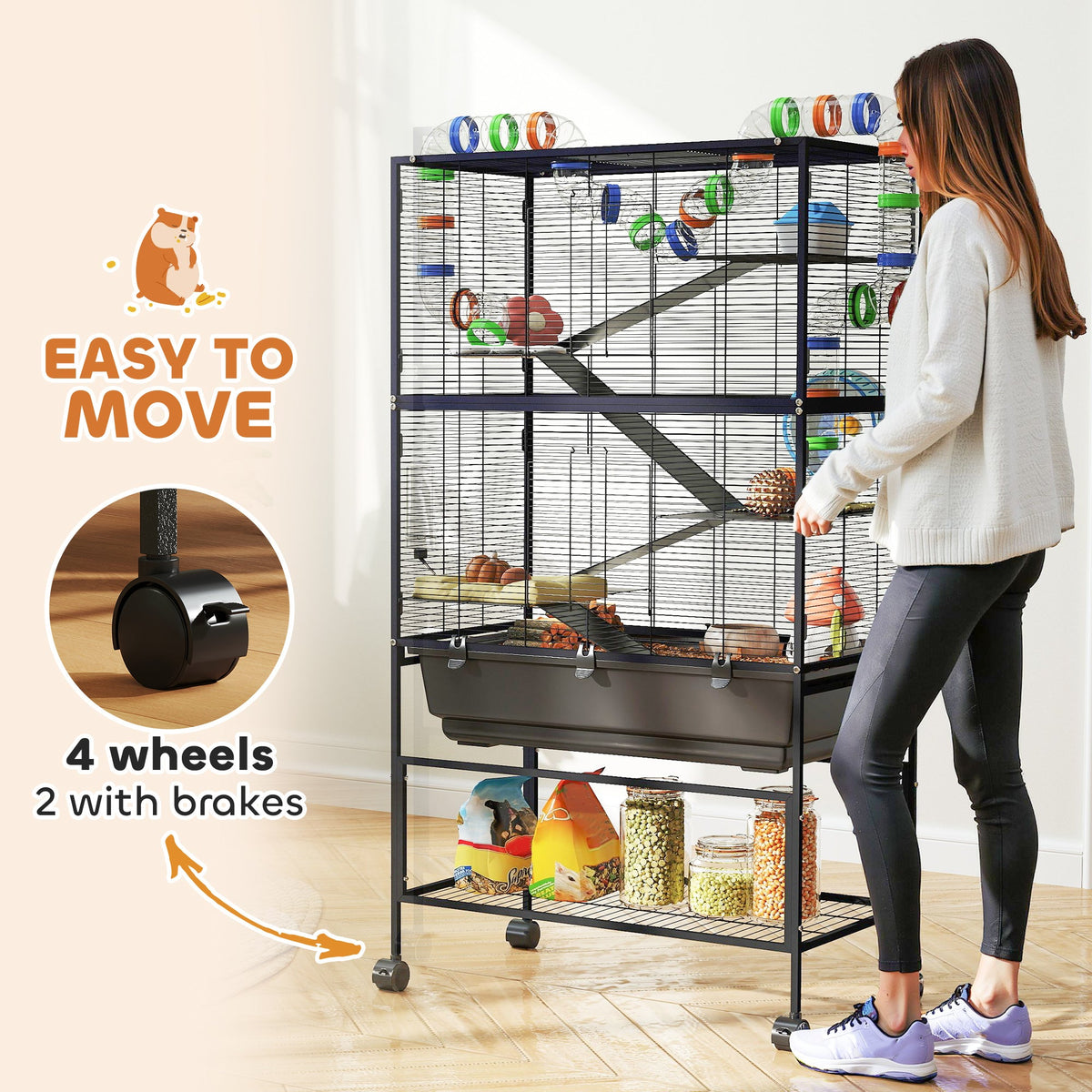 5 Tier Hamster Cage, Rolling Rat Cage with Deep Tray, Storage Shelf, Big Exercise Wheel, Hut, Tube System