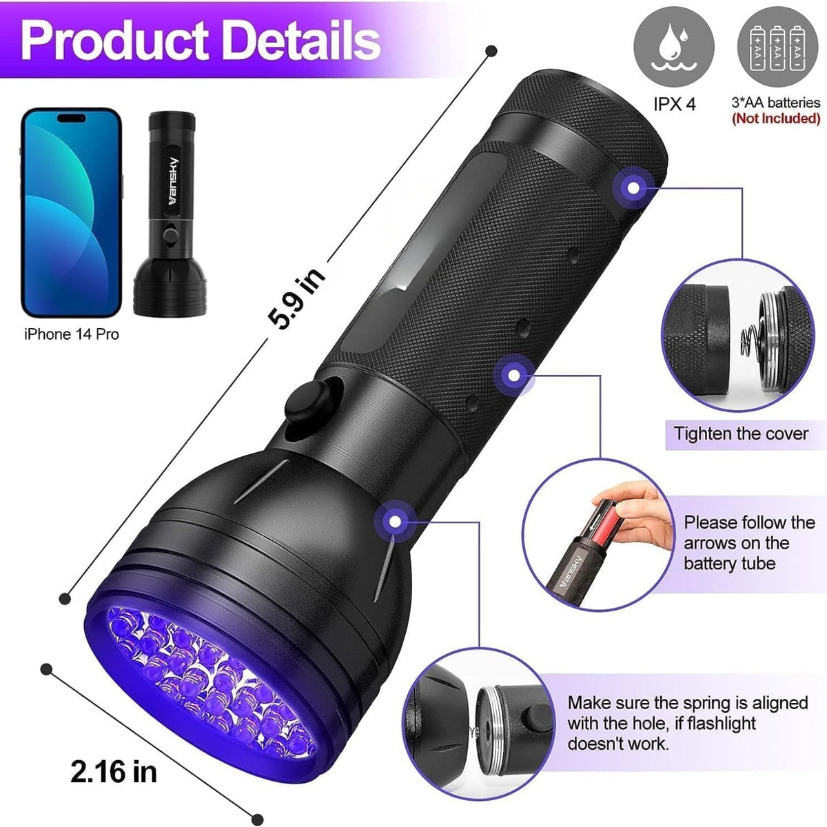 UV Flashlight Black Light, 51 LED Blacklight Pet Urine Detector For Dog Cat