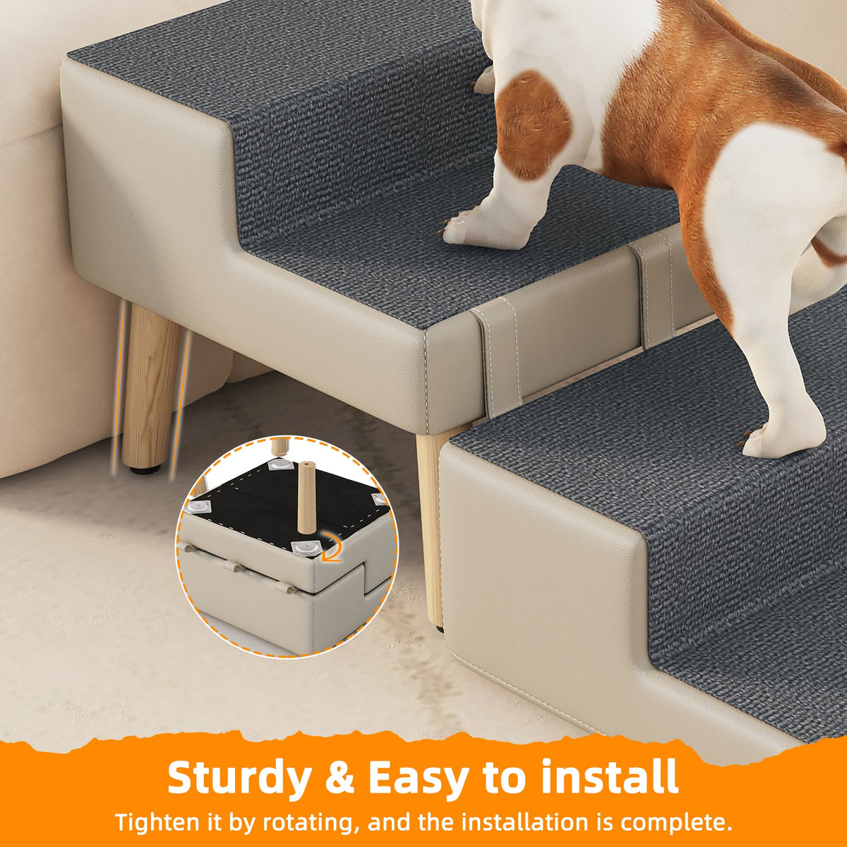 4-Step Ottoman Dog Stairs, 2-in-1 Foldable Pet Ramp for Bed,  Dog Ramp for Small Puppy and Cats, Sturdy Wood Frame Support with Non-slip walking surface, Holds Up To 220lbs ( Light Grey Color )