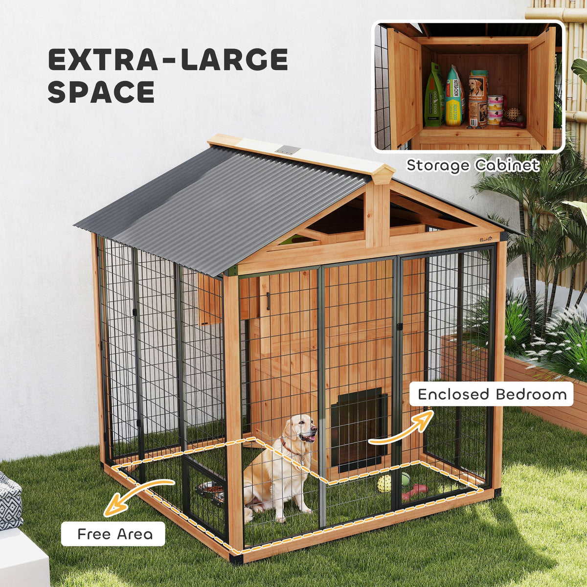 7 x 6 Extra Large Dog House, Wood Outdoor Dog Kennel with Storage Cabinet, Stainless Steel Bowls, Light Yellow