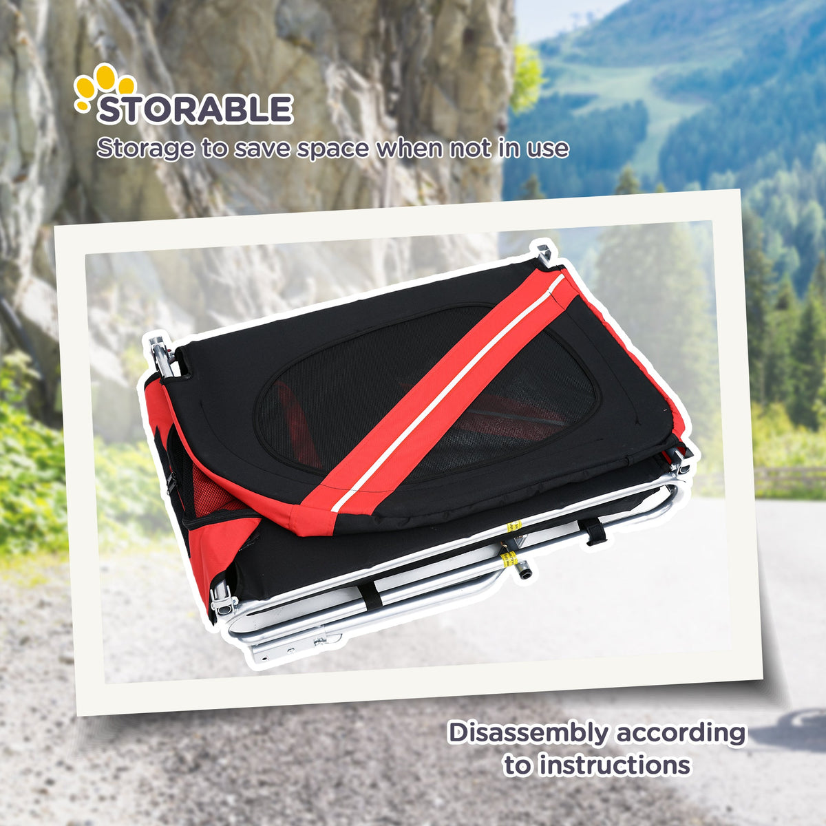 Dog Bike Trailer With Easy Folding Cart Frame, Large Wheels, 3 Entrances, Mesh Screen, For Dogs Within 44 Lbs, Red & Black