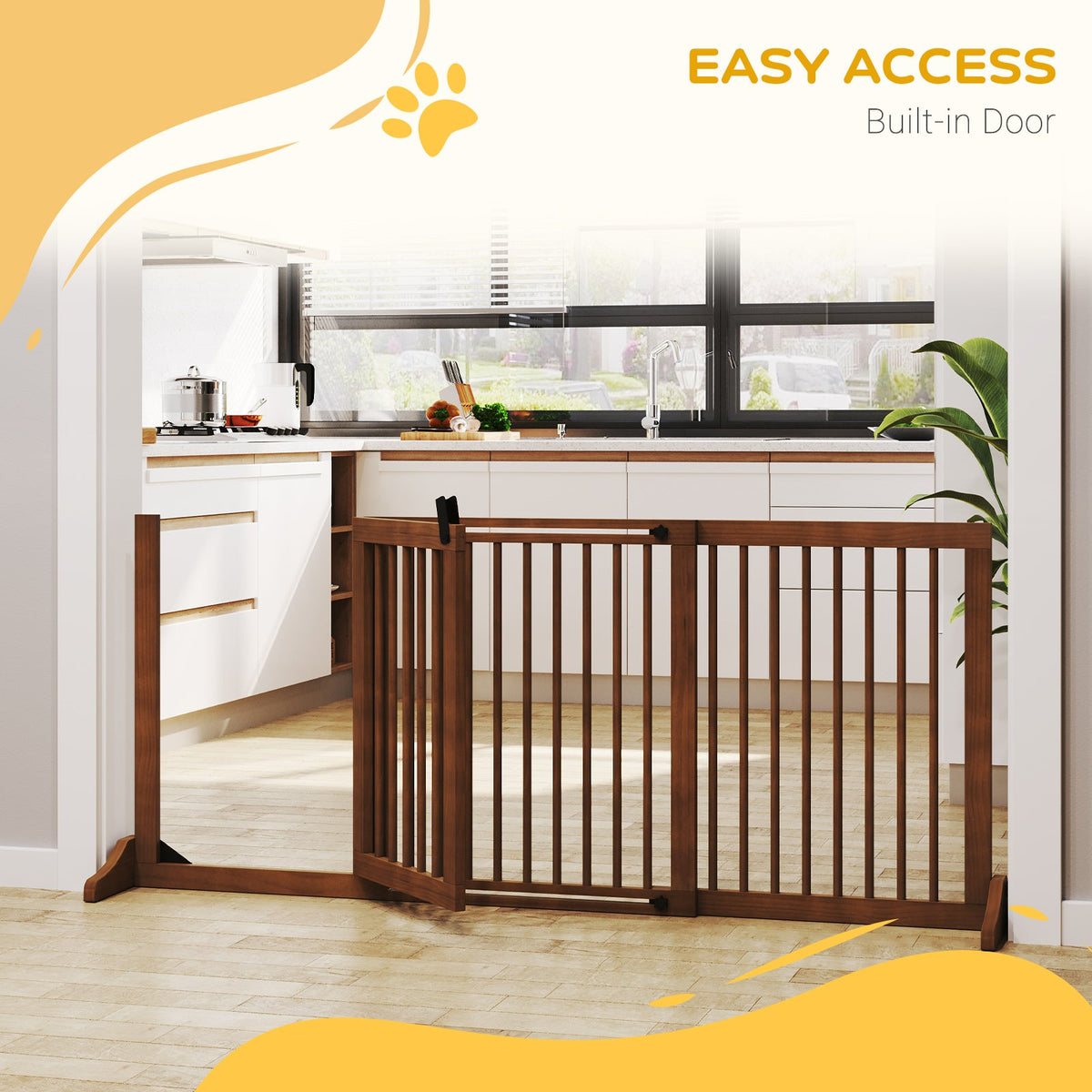 Freestanding Length Adjustable Wooden Pet Gate with Lockable Door 3 Panels, Brown