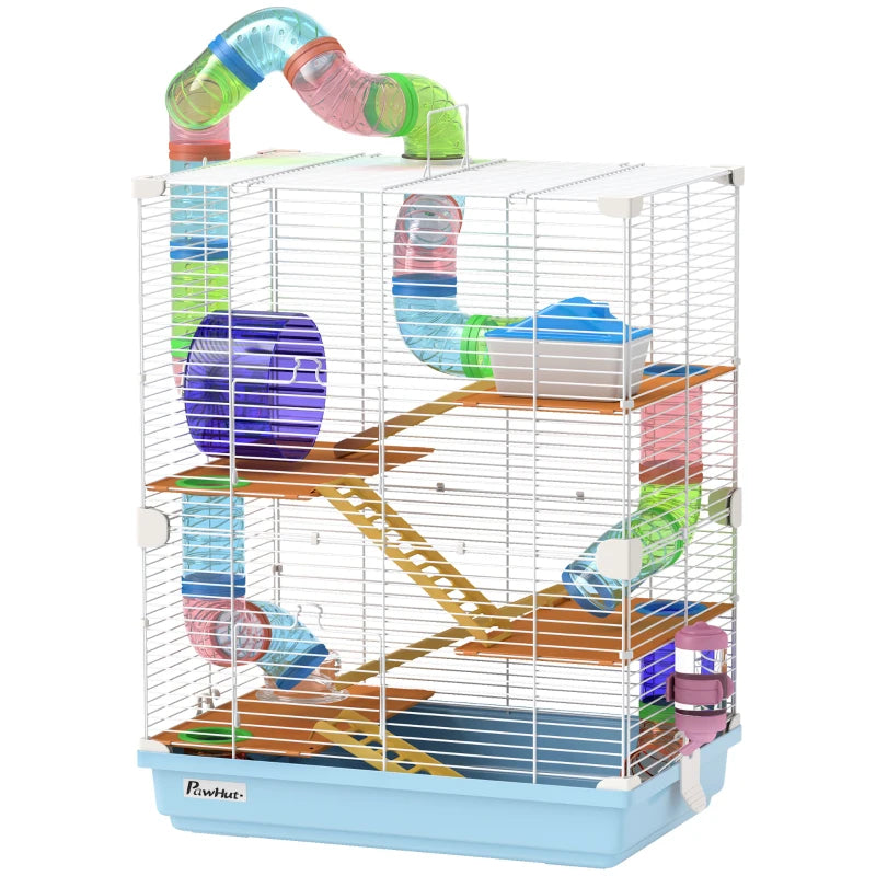 5 Tiers Hamster Cage Portable Animal Travel Carrier W Exercise Wheels Tube, Light Blue