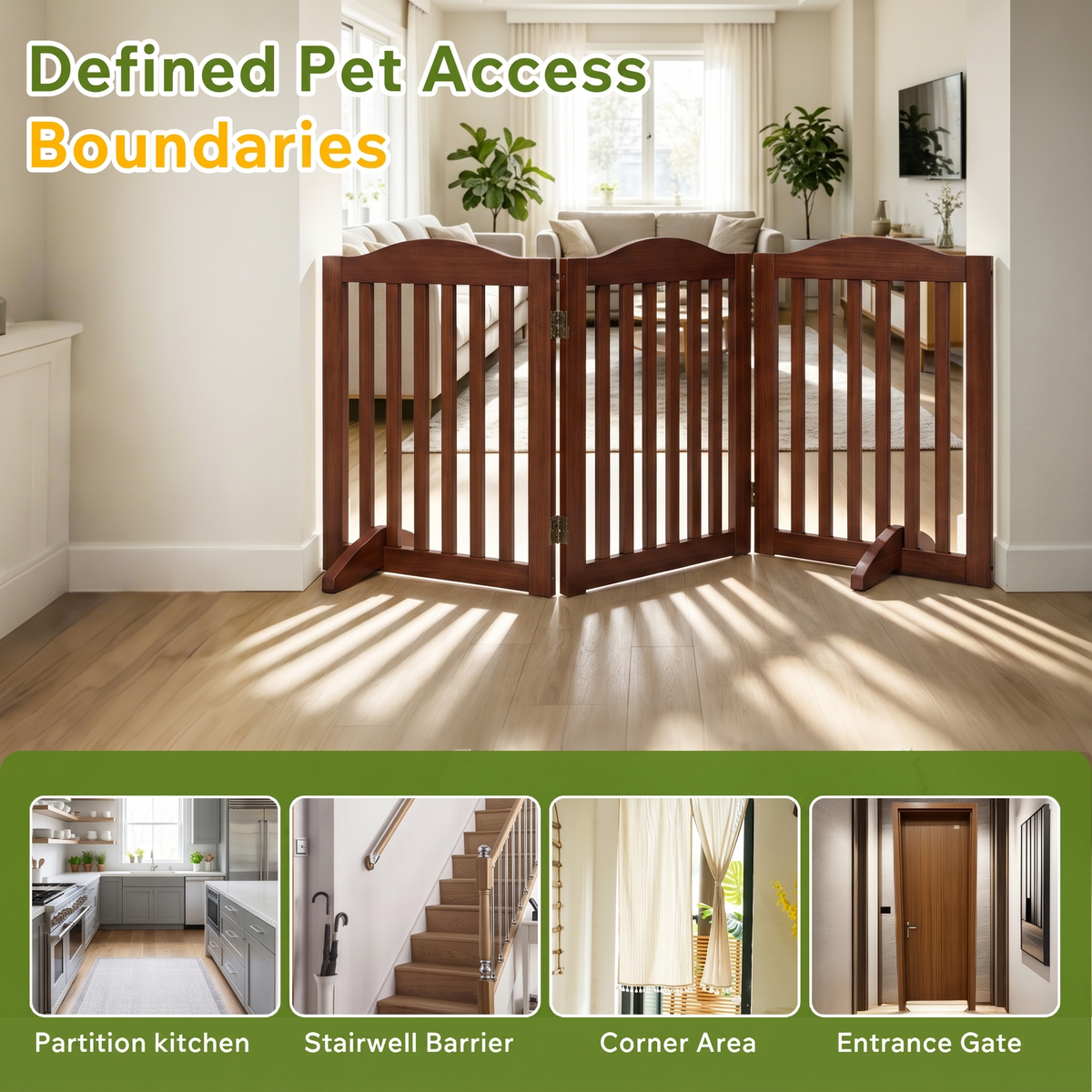 Wooden Freestanding Foldable Pet Gate for Dogs, 24 inch 3 Panels Step Over Fence, Dog Gate for The House, Doorway,