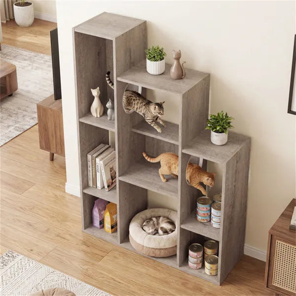 Cat Bookshelf Cabinet (Gray Oak), 8 Organized Storage Sections & Multiple Climbing Platforms
