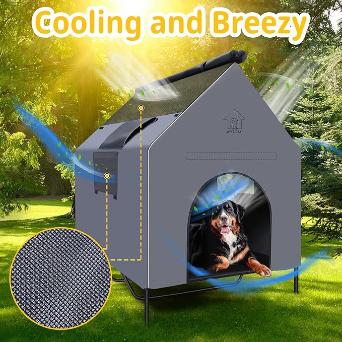 48'' Outdoor Dog Houses for Large Dogs Outside, Weatherproof Large Dogs House with Textilene Elevated Dog Bed, Breathable Dog Tent, Dog House Outdoor X-Large Breed with Windows and Sunshades