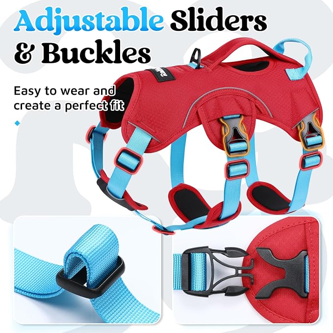 rabbitgoo Escape Proof Dog Harness for Large, No Pull with Lift Handle | No Escape, Full Soft Padded, Reflective Adjustable Vest, Leash Clip for Walking Hiking Training, Sky Blue & Red, Large