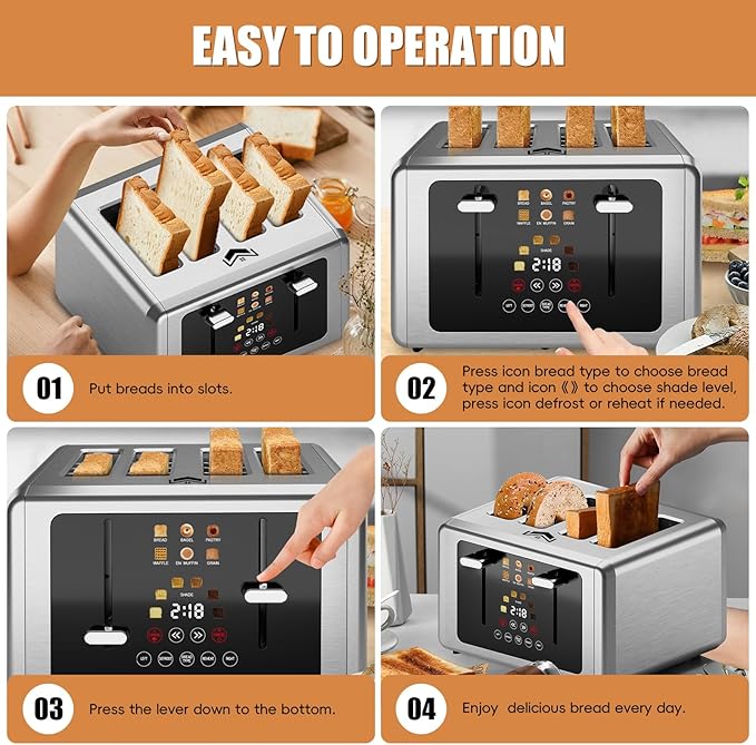4 Slice Toaster, Touchscreen & Dual Independent Control Panel，5 Basic Functions