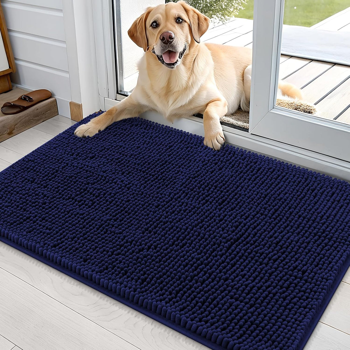 OLANLY Dog Door Mat for Muddy Paws 36x24, Absorbs Moisture and Dirt, Absorbent Non-Slip Washable Doormat, Quick Dry Chenille Mud Mat for Dogs, Entry Indoor Entryway Carpet for Inside Floor, Navy Blue