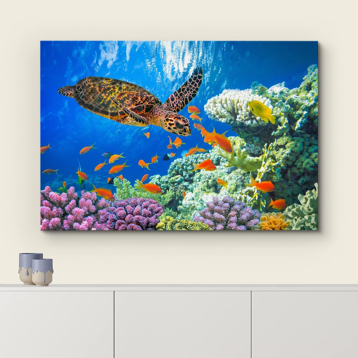 wall26 Canvas Print Wall Art Vibrant Neon Underwater Turtle, Reef & Fish Nature Animals Photography Realism Rustic Scenic Landscape Wilderness Colorful for Living Room, Bedroom, Office - 24"x36"