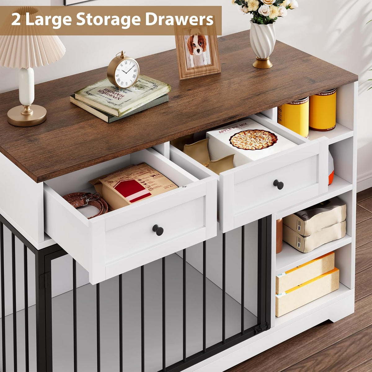 Large Crate TV Stand. Hides the kennel, keeps the room looking pulled together.
