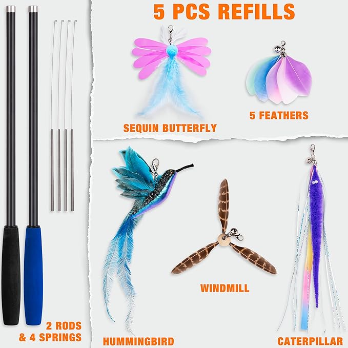 JXFUKAL 2025 Latest Cat Toys, 2 in 1 Spring Cat Wand Toy with 2PCS Ultra-Long Cat Teaser, 4PCS Spring Steel Wire & 5PCS Feather Refills for Kitty Kitten Indoor Cats Accessories