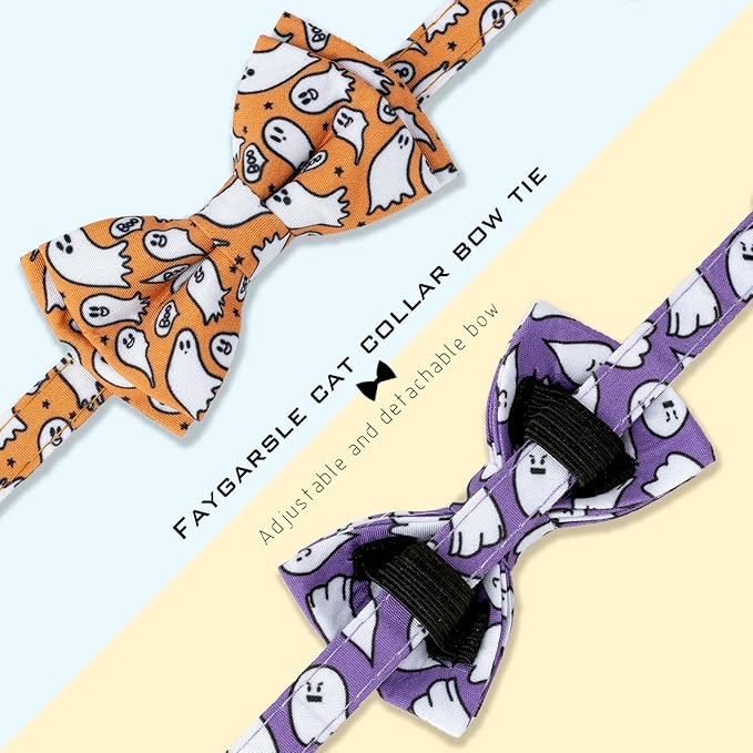 Faygarsle 2 Pack Halloween Cat Collar with Bowtie and Bell, Breakaway Safety Buckle, Ghost Pattern, Orange and Light Purple