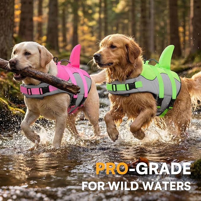 Dog Life Jacket Ripstop Shark Dog Safety Vest Adjustable Preserver with High Buoyancy and Durable Rescue Handle for Small,Medium,Large Dogs, Pink Shark Large