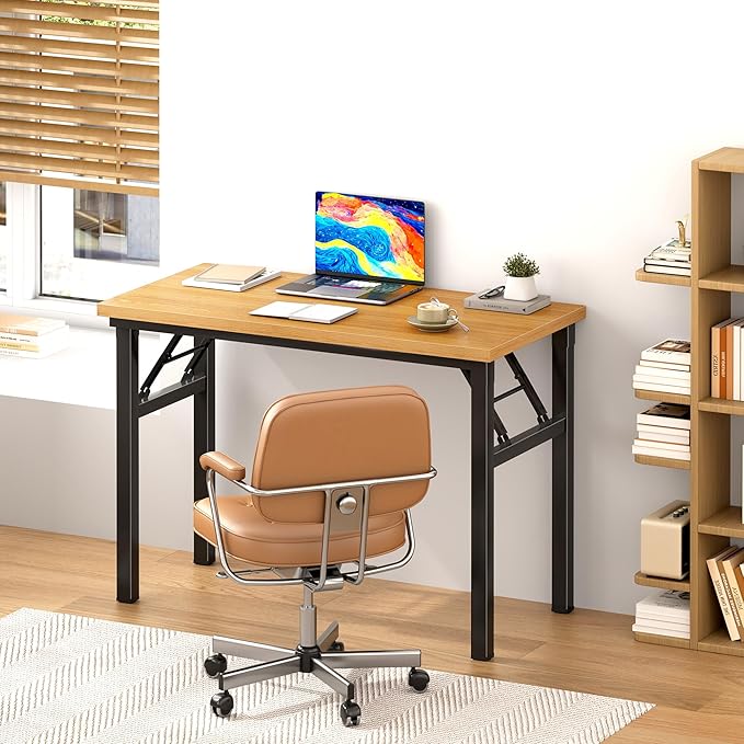 DlandHome Folding Desk Small Desk 31.5 inches Computer Desk for Home Office Folding Table Writing Table for Small Spaces No Assembly Required Teak & Black Frame