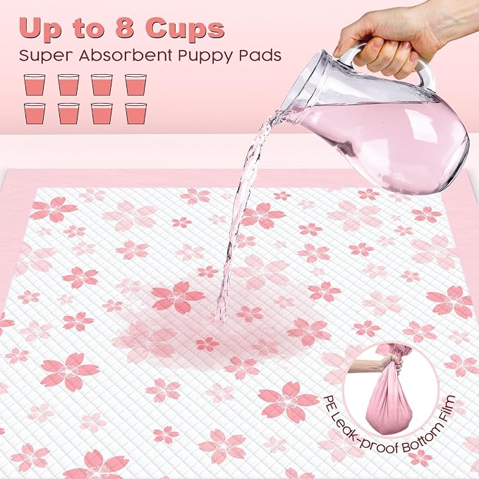 MIZOK Pink Puppy Pads with Adhesive Tabs Disposable Pee Pads 28x34in 100Ct | Heavy Duty Floor Protection Super Absorbent Large Pet Training Pads Use Sticky Bottom Strips to Keep Indoor Areas Mess Free