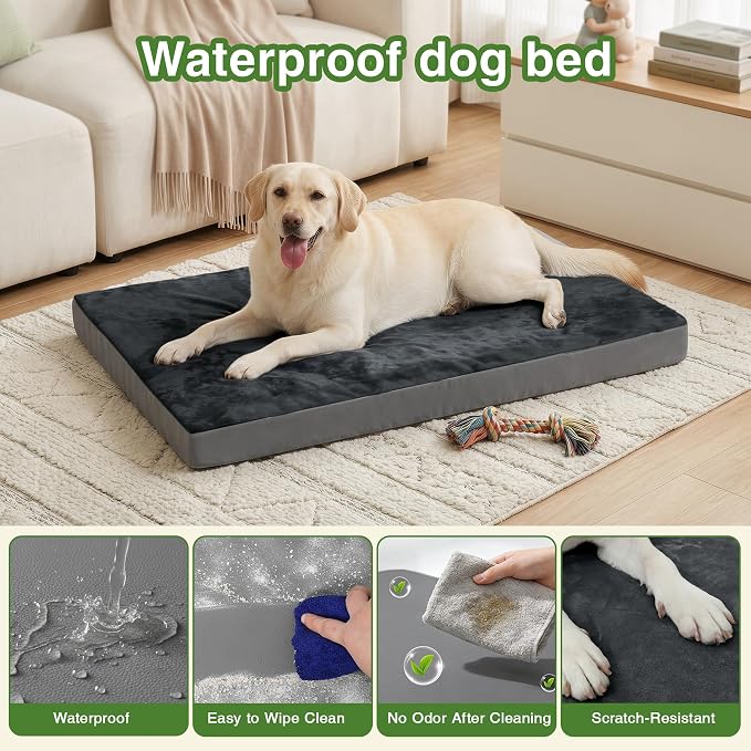 Waterproof XXL Dog Bed, Outdoor Washable Orthopedic Large Crate Pad 48" | Jumbo Pet Bed Foam, Reversible Faux Leather & Flannel, Durable Removable Cover, Anti-Slip Kennel Pad 47"x29" Dark Gray