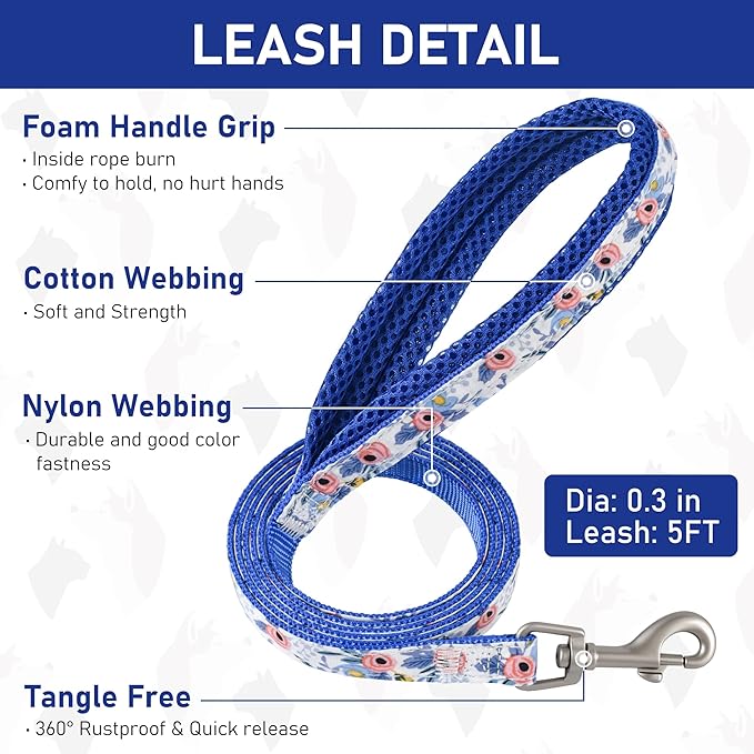 GAMUDA Small Dog Harness Collar and Leash Set, Step in No Chock No Pull Soft Mesh Adjustable Dog Vest Harnesses Plaid Reflective for Dogs Puppy Cats Kitten Rabbit (Blue Flower, S)