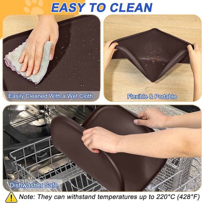 SMILOOL Waterproof Silicone Pet Food Mat with Raised Edge for Dog & Cat | 19" x 12" Non-Slip Pet Feeding Mats with Lip for Food & Water Bowl, Food Grade, Easy Cleaning, Dark Brown