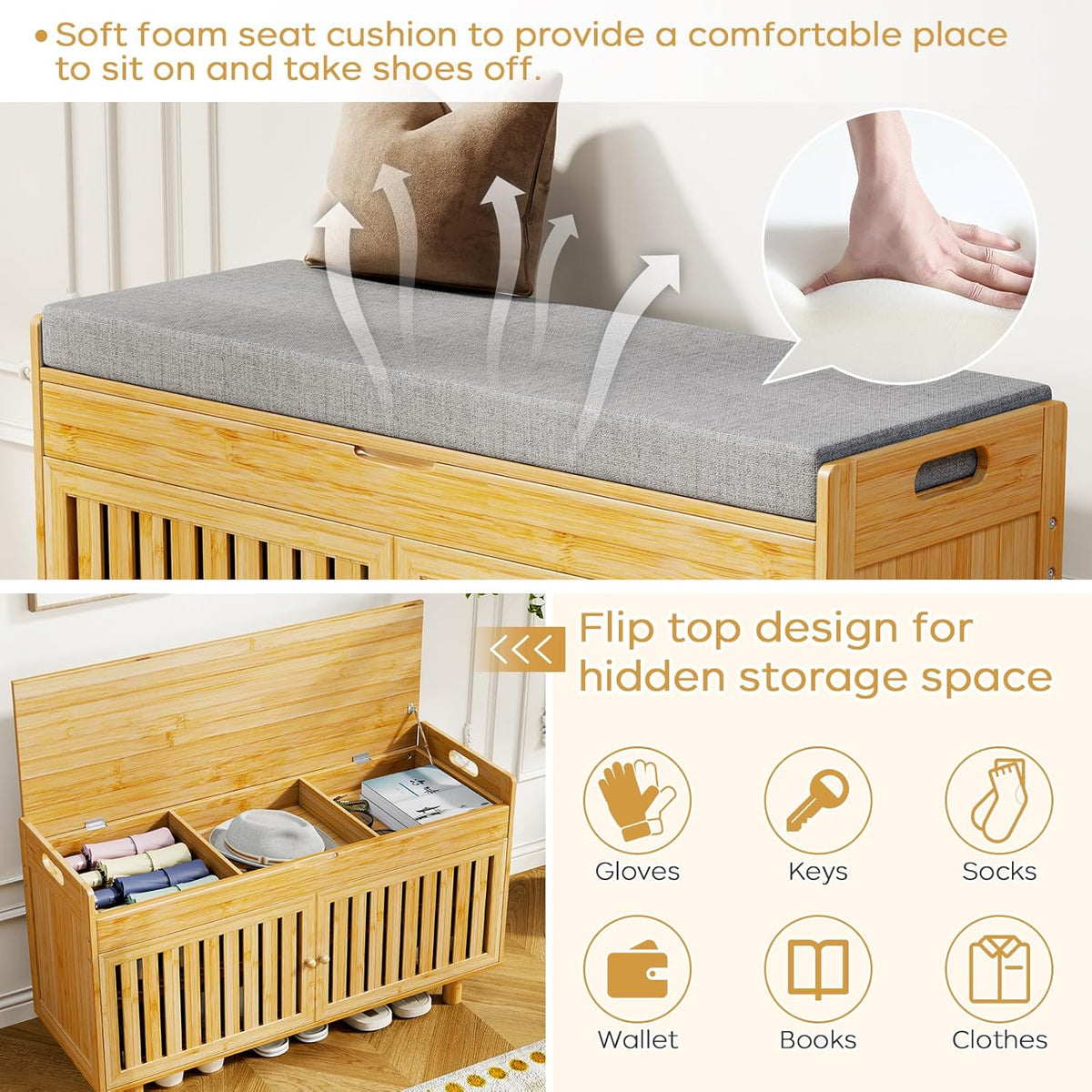 Coat Rack Shoe Bench Set, Bamboo Shoe Storage Bench with Seat Cushion & 5 Hooks, Hall Tree Entryway Bench with Lift Top Hidden Storage, 35.4" W x 12.6" D x 19.7" H, for Entryway, Living Room, Bedroom