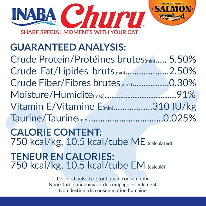 INABA Salmon Churu Cat Treats, Lickable, Squeezable Creamy Purée Cat Treat with Green Tea Extract & Taurine, 0.5 Ounces Each Tube, 60 Tubes, Salmon Variety Box