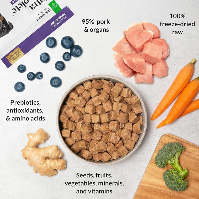 ULTIMATE PET NUTRITION Nutra Complete, 100% Freeze Dried Veterinarian Formulated Raw Dog Food with Antioxidants Prebiotics and Amino Acids, (1 Pound, Pork)