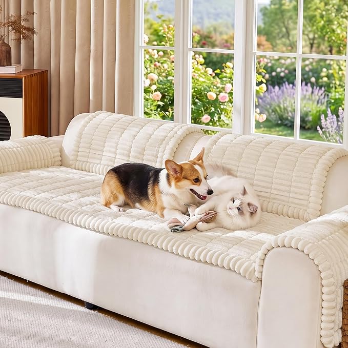 FUANGUI Waterproof Couch Cover Sofa Cover for Dogs and Pets Sofa Protector | Non-Slip Washable Fuzzy Soft Cat Bed Sofa Slipcover for 2-3 Cushion Couch Sofa Pet Friendly, Beige, 27.6" x 82.7", 1 pcs
