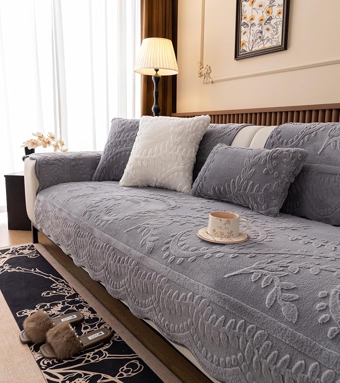 Grey Fuzzy Rabbit Plush Sofa Cover Cozy Warm Sofa Couch Covers with 3D Jacquard Leaf Pattern Non-Slip Easy-to-Install Shaggy Sofa Slipcover Prefect for Kids Dogs Cats Cats(Grey,36"x70")