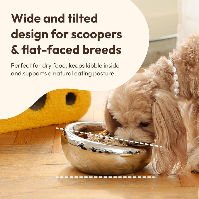 Pebble Pet Bowl Deep Pearl, Ergonomic Dog Cat Feeding Bowl, Flat-Faced Breed, Tilted Ceramic Pet Food Dish, Scooper Eater, Anti-Spill Design, Dishwasher Safe, Modern Pet Bowl, Dry & Wet Diet
