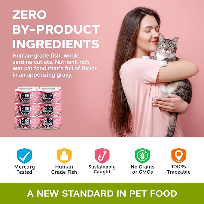 Pure Cravings Wet Cat Food Canned Salmon Cutlets in Gravy, 100% Mercury-Tested, Moist Can Fish for Cats, Grain-Free, Protein, Non-GMO, Pack of 12