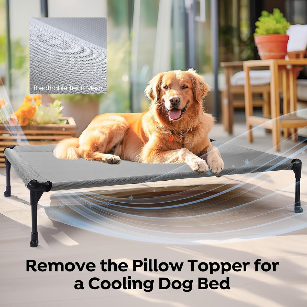 Veehoo Cooling Elevated Dog Bed Add Removable Waterproof Bolster Cushion Mat, Raised Pet Cot with Breathable Teslin Mesh, No-Slip Feet, Dog Couch Bed for Indoor Outdoor, 32x25inches, Grey, CWC2331B