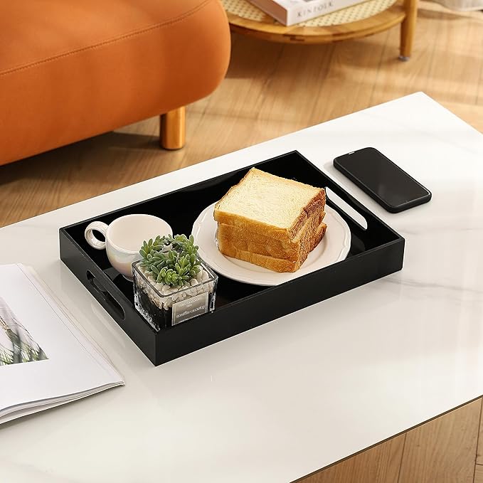 Glossy Black Sturdy Acrylic Serving Tray with Handles-10x15Inch-Serving Coffee,Appetizer,Breakfast,Butler-Kitchen Countertop Tray-Makeup Drawer Organizer-Vanity Table,Ottoman Tray-Decorative