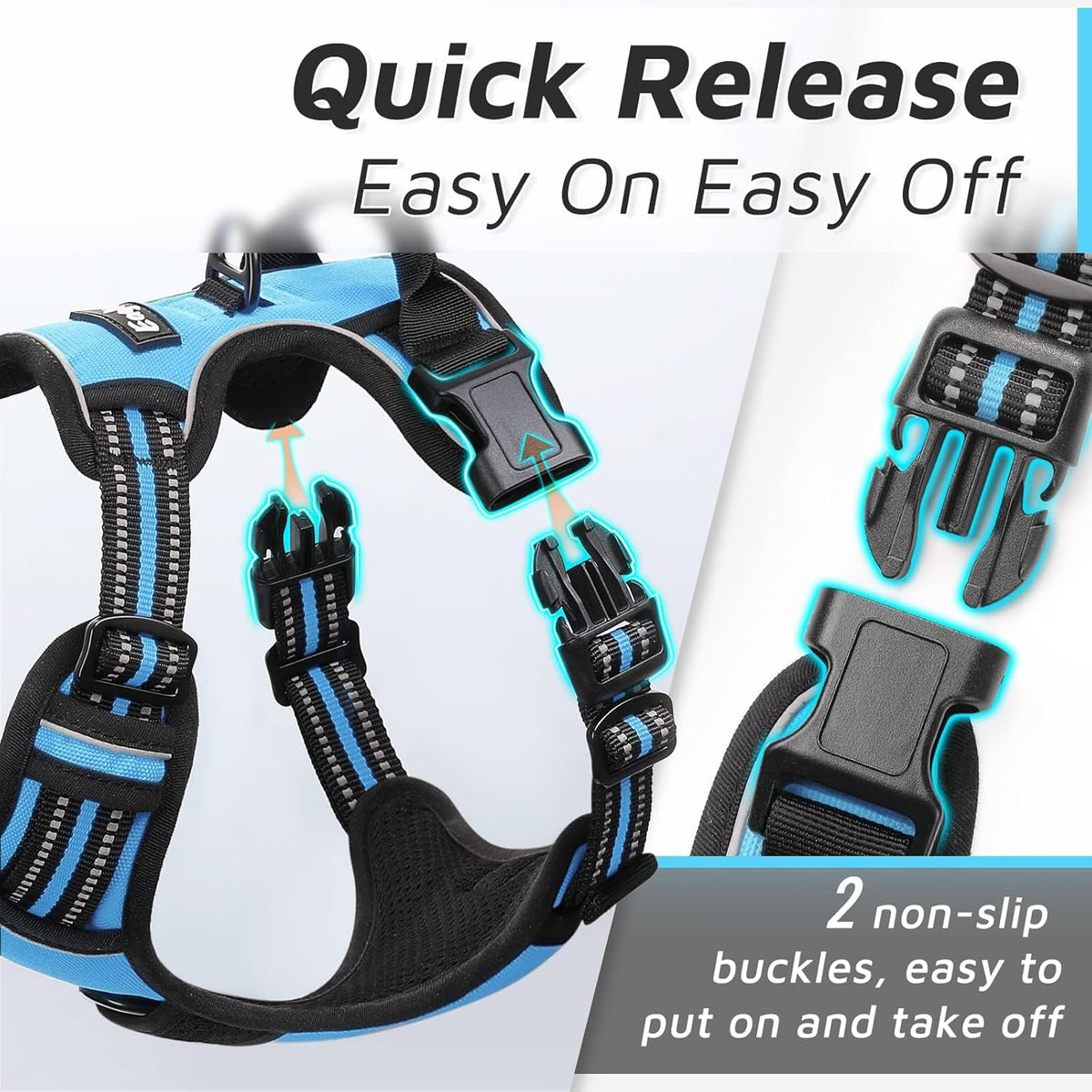 Eagloo Dog Harness Medium Sized Dog, No Pull Service Vest with Reflective Strips and Control Handle, Adjustable and Comfortable for Easy Walking, No Choke Pet Harness with 2 Metal Rings, Sky Blue, M