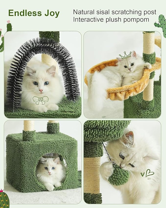 HOOPET 32IN Cactus Cat Tree for Indoor Cats - Multi-Level Cat Tower with Hammock, Condo, Scratching Posts, Self-Grooming Brush & Play Ball - Space-Saving Cat Furniture for Small Apartments