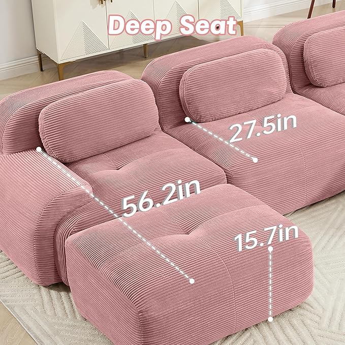 152" Modern Corduroy Cloud Sofa with Ottoman, L Shaped Boneless Modular Large Sectional Couches for Living Room, Pink 4 Seater Compressed Memory Foam Couch, Extra Deep Seat, No Assembly