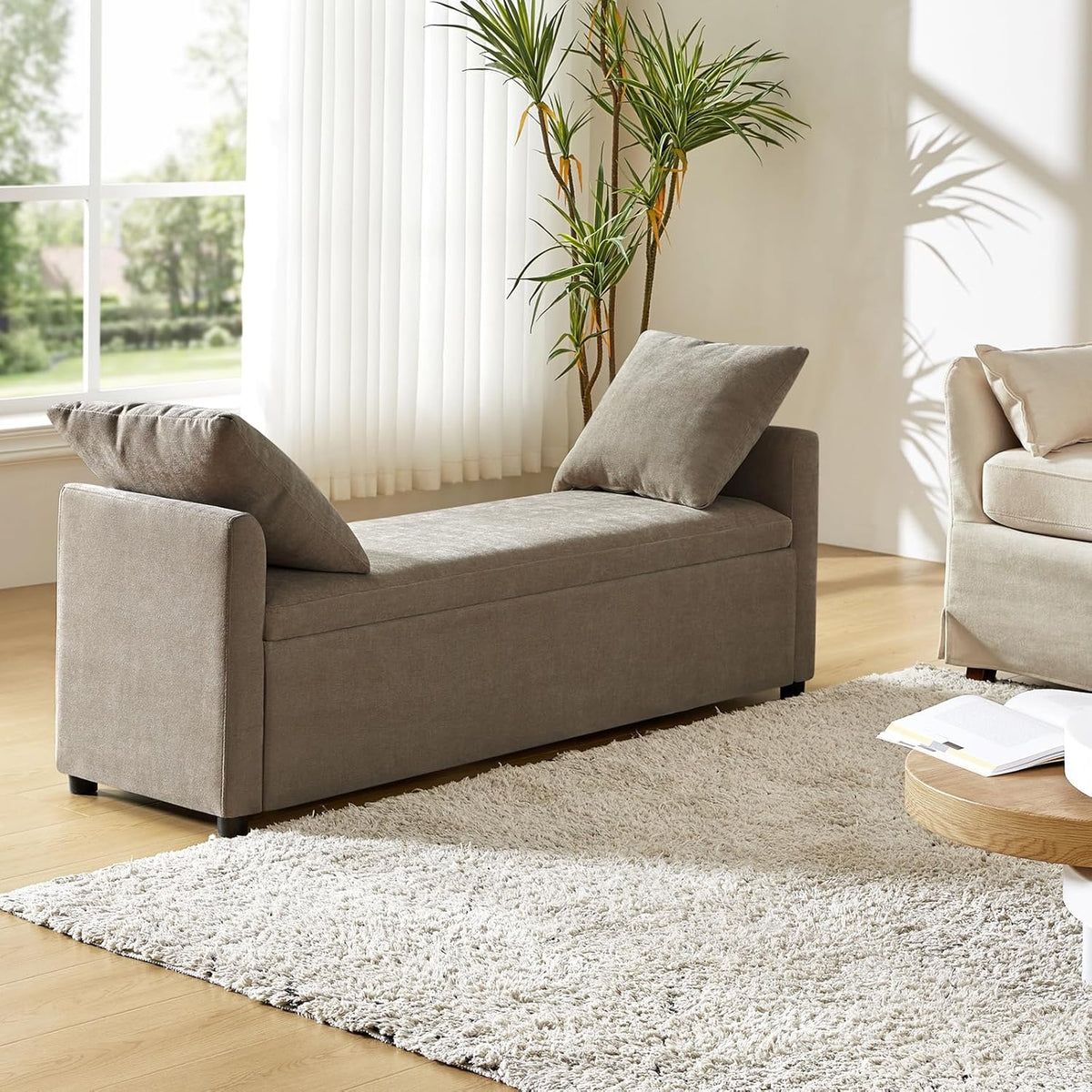 HULALA HOME Modern Storage Bench with Throw Pillows, 59.4" Extra Long Bedroom Ottoman Bench for End of Bed, Comfy Upholstered Footstool for Entryway Dining Room Living Room, Brown