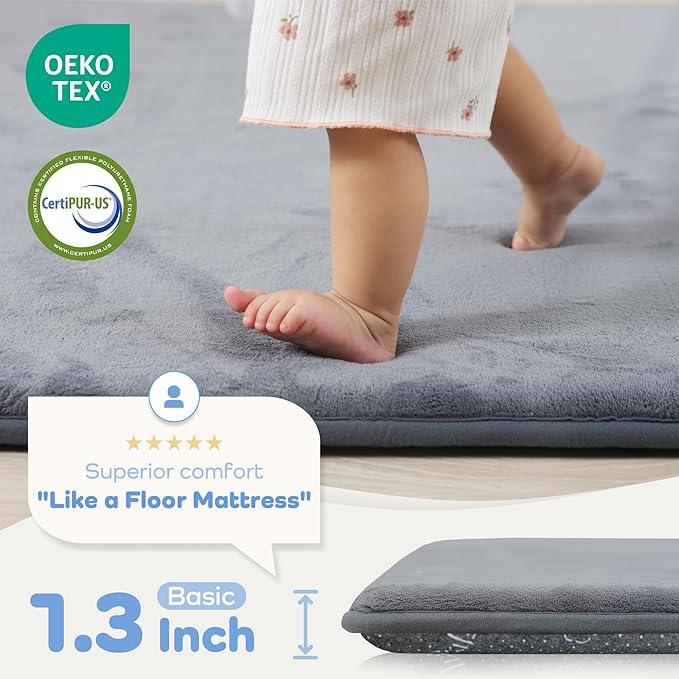 PAPAMAT 1.3" Thick Baby Floor Play Mat 39x59, Basic Padded Foam Mat for Tummy Time Crawling, Non Slip Cushioned for Babies Toddlers Infants Kids (Dark Grey)