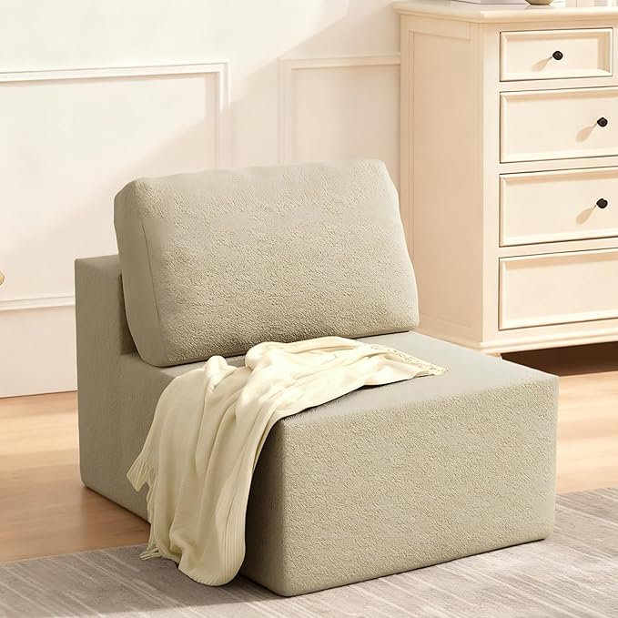 30" Modular Upholstered Foam Couch, Upholstered Floor Sofa Couch with Pillow, Bean Bag Chair for Bedroom Living Room, No Assembly Required (Camel, Teddy Boucle)