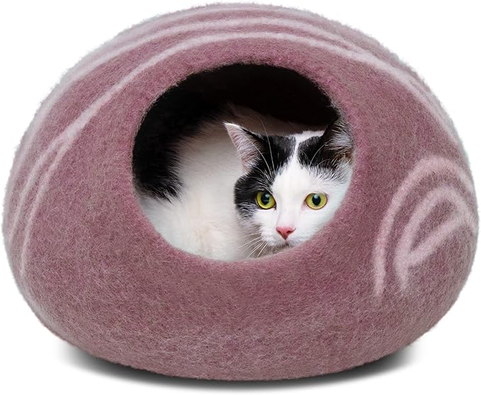 MEOWFIA Cat Cave – Premium Felt Cat Bed for Indoor Cats, Handmade 100% Merino Wool (Gold Rose, Medium)