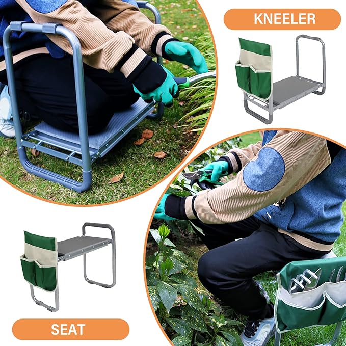 BDL Garden Kneeler Seat Foldable Durable Garden Stool with Tool Bag Pouch and Garden Gloves 330lb Capacity-Protects Your Knees, Clothes from Dirt & Grass Stains