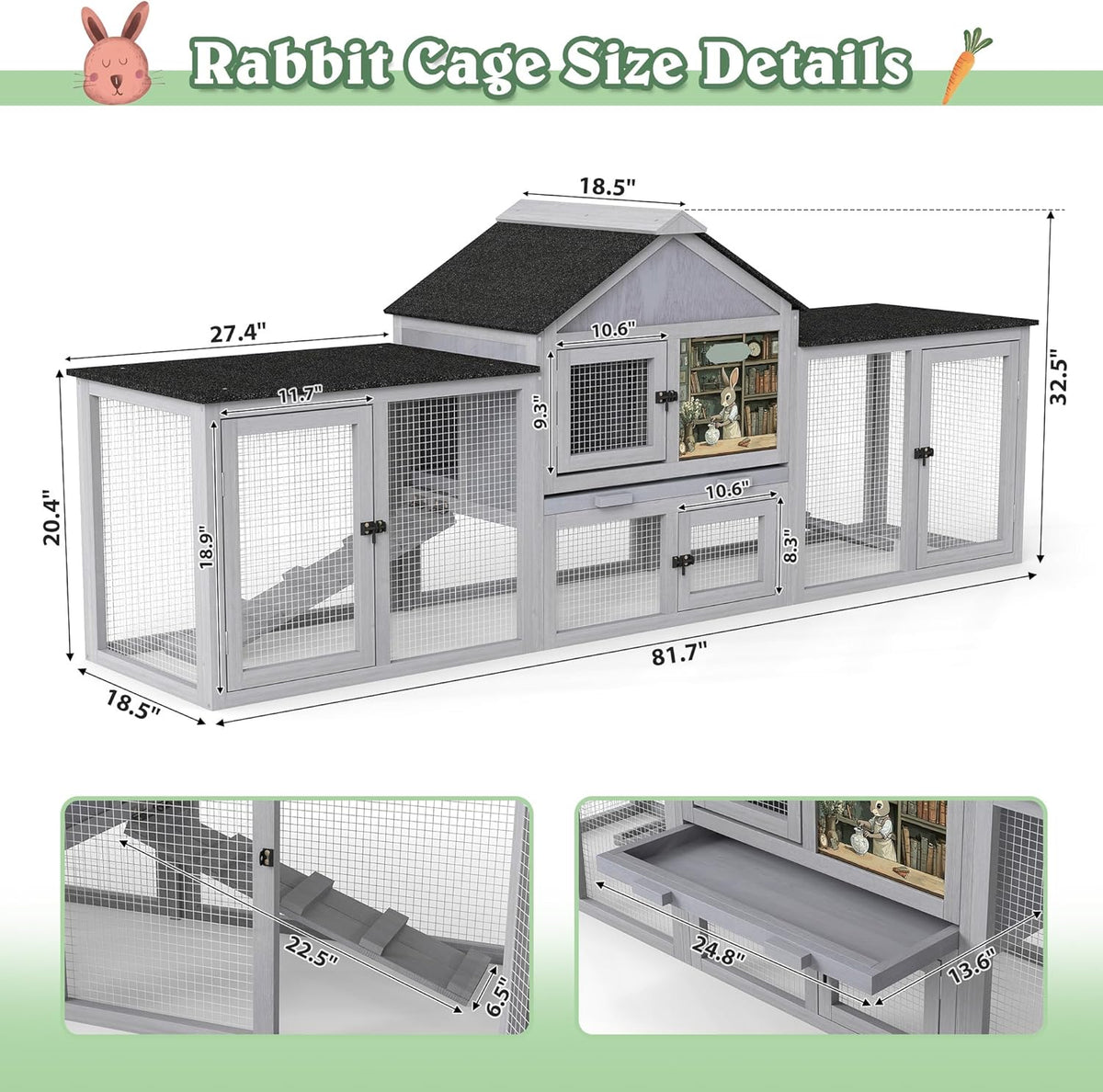COZIWOW 82inches Extra Large Wood Rabbit Hutch Outdoor Easy to Assemble and Stable Bunny Cage Indoor with Cleaning Tray & Waterproof Roof for Small and Medium Bunny Rabbit Chick (Grey)