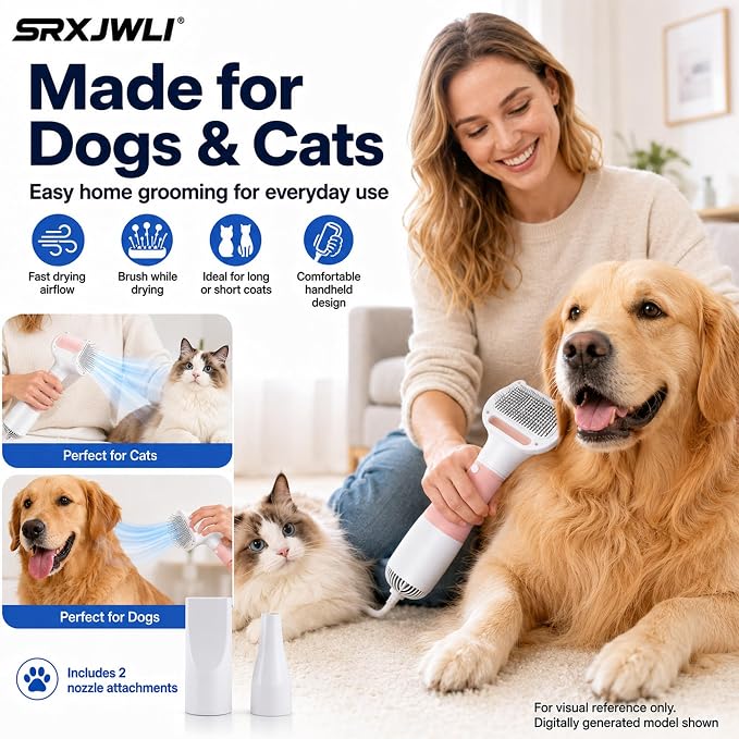 3 in 1 Pet Hair Dryers And Comb Brush High Velocity Blower for Dog Grooming | Portable Quiet Handheld Slicker with Steam Deshedding Intelligent Airflow System for Cats, Puppies and Professional(Blue)
