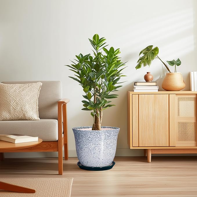 12 Inch Pot for Plants- Ceramic Planter Indoor Outdoor, Round Large Plant Pots with Drainage Hole and Saucer, Decorative Flower Pots, Modern Planter, Garden Decor, Plant Lovers Gifts, Green