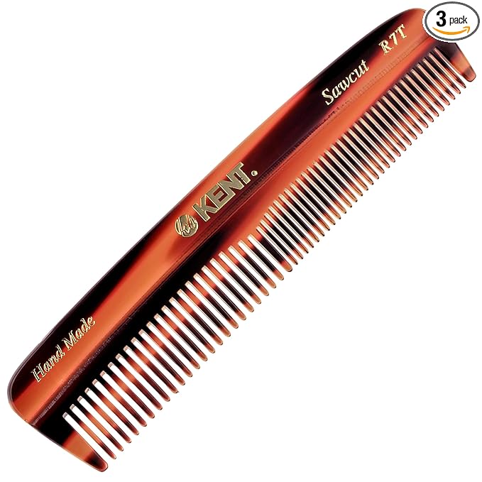 Kent R7T Double Tooth Comb, Fine/Wide Tooth for Hair, Beard and Mustache Grooming, Coarse/Fine for Men, Women and Kids - Saw Cut, Hand Polished, Handmade in England (3 pack)
