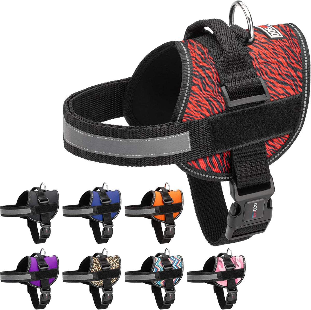 Dogline Dog Harness, Reflective No-Pull Adjustable Vest with Handle for Walking, Training, Breathable, No - Choke Harness for Small, Medium or Large Dogs Room for Patches Zebra Black/Red L 27"-34"
