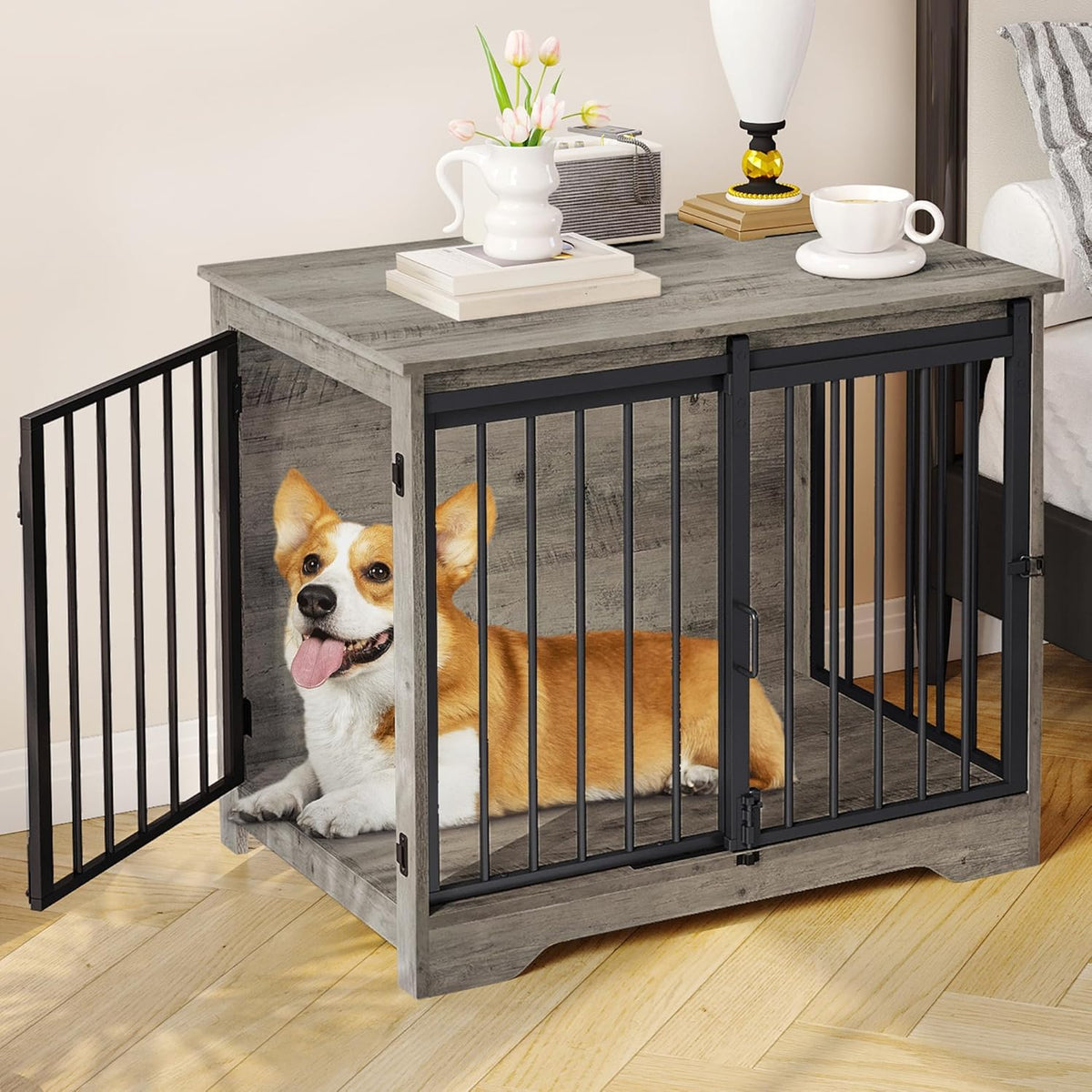31.9" Dog Crate Furniture with Barn Door. Sized and. A. A calm, considered pick for modern pet homes.